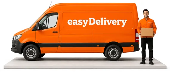 easyDelivery van with a courier holding a parcel